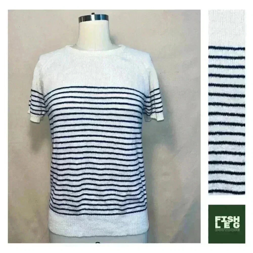 Vintage | Striped Knit SS Crewneck - White & Navy - Sz M